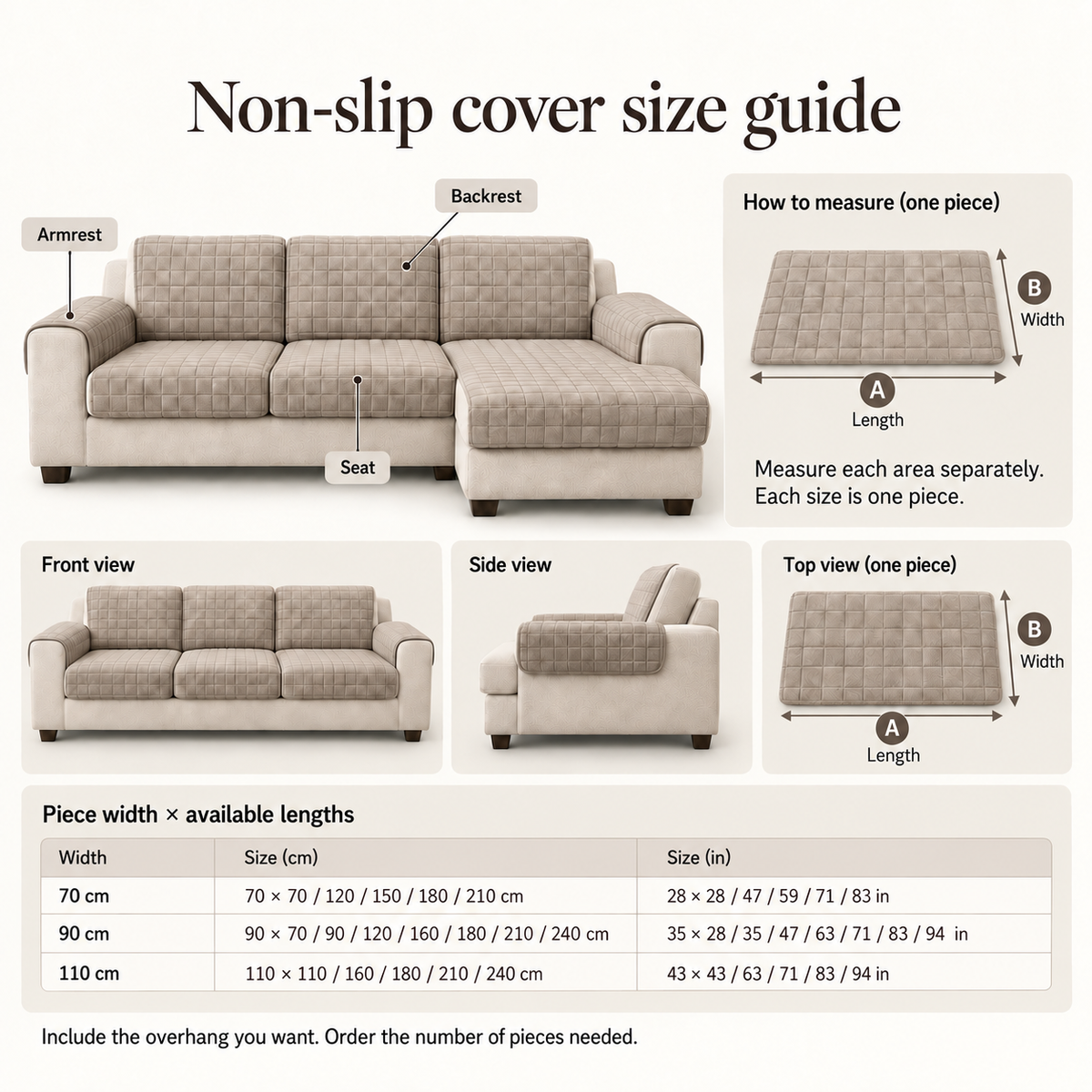 Non-slip cover size guide