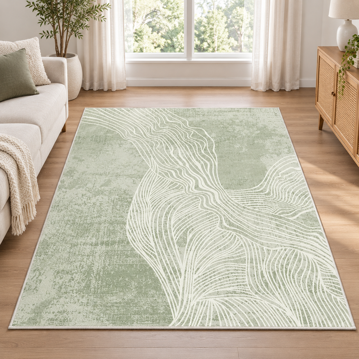 Fern green abstract terrain rug in a bright living room, cream sofa on one side and a cane sideboard under the window
