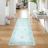 Covaba boho oushak floral runner rug in teal haze, styled in a room setting