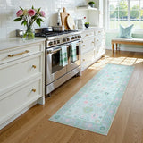 Covaba boho oushak floral runner rug in teal haze, styled in a room setting, view 3