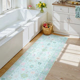 Covaba boho oushak floral runner rug in teal haze, styled in a room setting, view 4