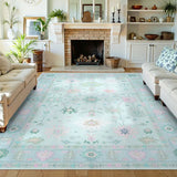 Covaba boho oushak floral area rug in teal haze, styled in a room setting