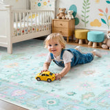 Covaba boho oushak floral area rug in teal haze, styled in a room setting, view 7