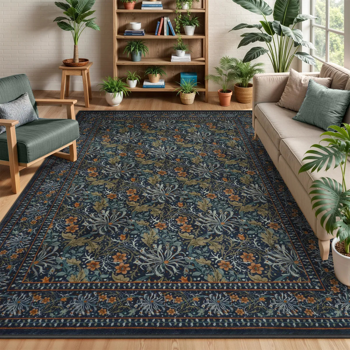 Covaba boho vintage floral area rug in forest fern, styled in a room setting