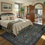 Covaba boho vintage floral area rug in forest fern, styled in a room setting, view 2