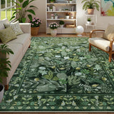 Covaba modern botanical floral area rug in fern green, styled in a room setting, view 8