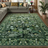 Covaba modern botanical floral area rug in fern green, styled in a room setting, view 11
