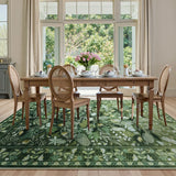Covaba modern botanical floral area rug in fern green, styled in a room setting, view 12