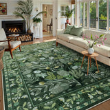 Covaba modern botanical floral area rug in fern green, styled in a room setting, view 14
