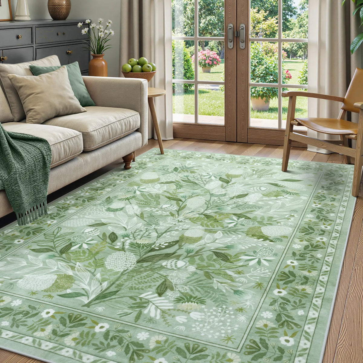 Covaba modern botanical floral area rug in sage mist, styled in a room setting