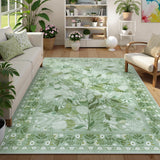 Covaba modern botanical floral area rug in sage mist, styled in a room setting, view 2