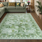 Covaba modern botanical floral area rug in sage mist, styled in a room setting, view 6
