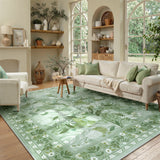 Covaba modern botanical floral area rug in sage mist, styled in a room setting, view 7