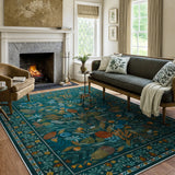 Covaba modern botanical floral area rug in stormy blue, styled in a room setting, view 7
