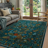 Covaba modern botanical floral area rug in stormy blue, styled in a room setting
