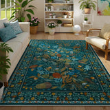 Covaba modern botanical floral area rug in stormy blue, styled in a room setting, view 2