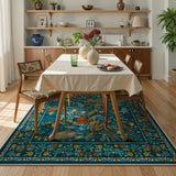 Covaba modern botanical floral area rug in stormy blue, styled in a room setting, view 4