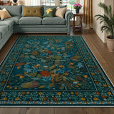 Covaba modern botanical floral area rug in stormy blue, styled in a room setting, view 5