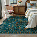 Covaba modern botanical floral area rug in stormy blue, styled in a room setting, view 6