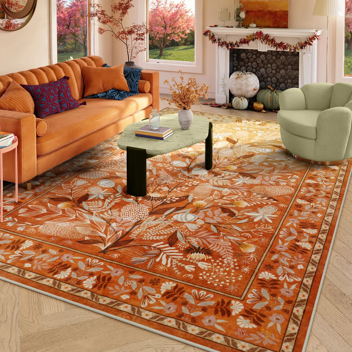 Covaba modern natural botanical floral area rug in golden wheat, styled in a room setting