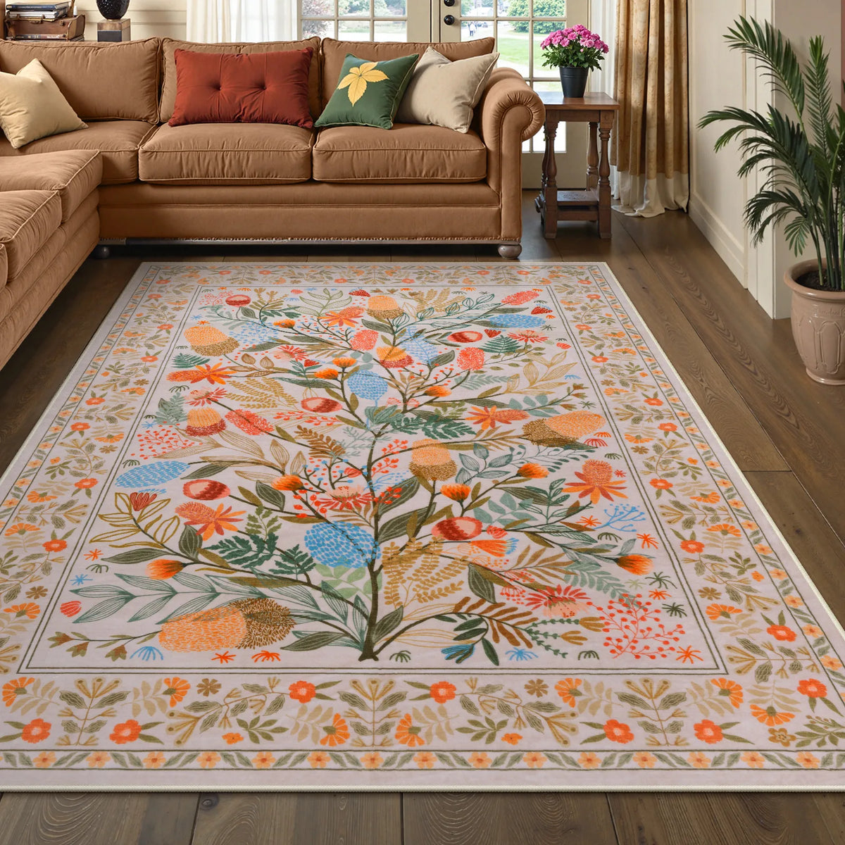 Covaba modern natural botanical floral area rug in multicolor, styled in a room setting