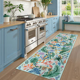 Covaba modern tropical bird runner rug in fern green, styled in a room setting