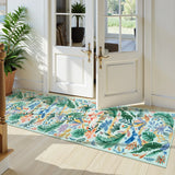 Covaba modern tropical bird runner rug in fern green, styled in a room setting, view 6