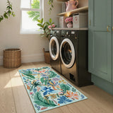 Covaba modern tropical bird runner rug in fern green, styled in a room setting, view 8