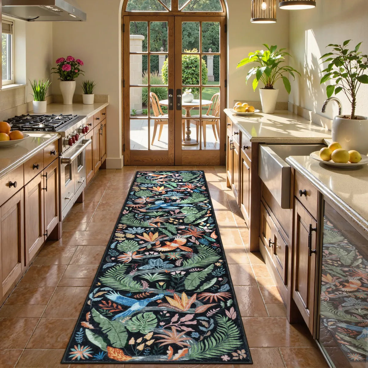 Covaba modern tropical bird runner rug in ink black, styled in a room setting