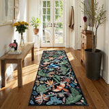 Covaba modern tropical bird runner rug in ink black, styled in a room setting, view 2