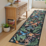 Covaba modern tropical bird runner rug in ink black, styled in a room setting, view 5