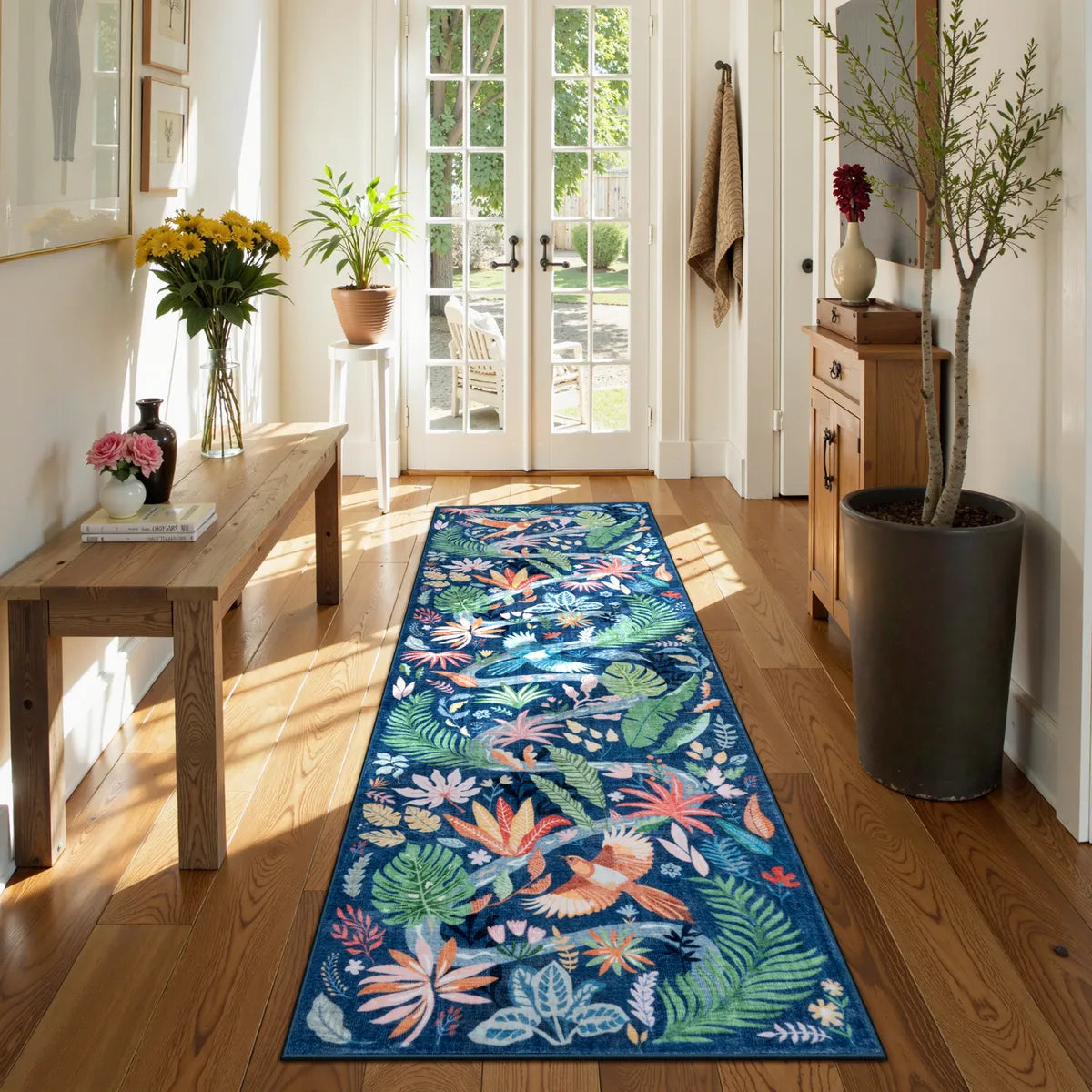Covaba modern tropical bird runner rug in stormy blue, styled in a room setting