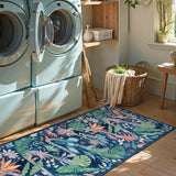 Covaba modern tropical bird runner rug in stormy blue, styled in a room setting, view 2