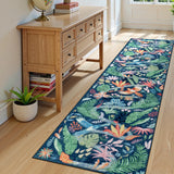 Covaba modern tropical bird runner rug in stormy blue, styled in a room setting, view 3