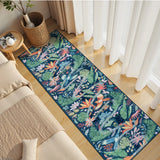 Covaba modern tropical bird runner rug in stormy blue, styled in a room setting, view 4