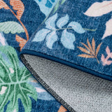 Covaba modern tropical bird runner rug in stormy blue, styled in a room setting, view 6