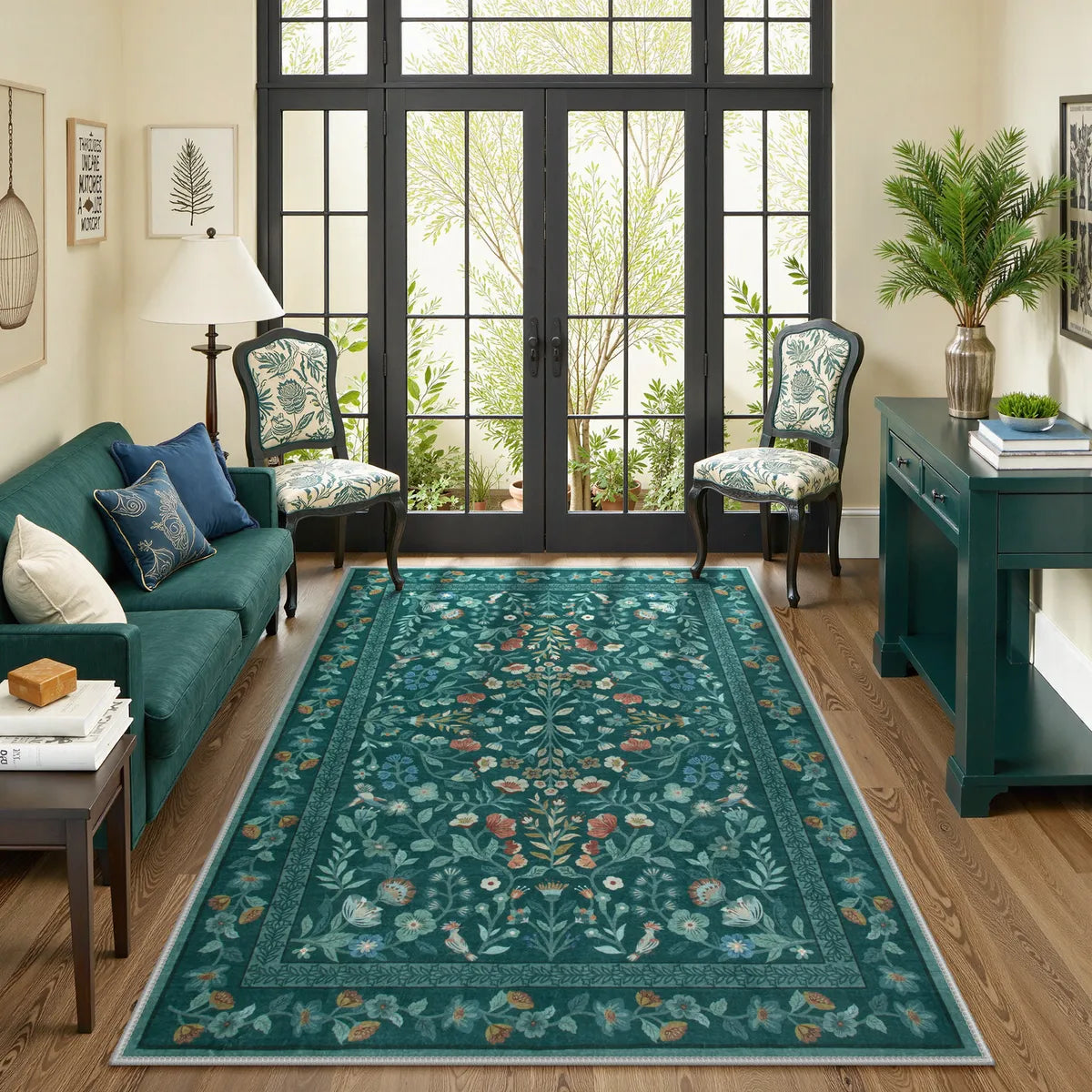 Covaba vintage floral area rug in deep green, styled in a room setting