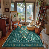 Covaba vintage floral area rug in deep green, styled in a room setting, view 2