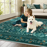 Covaba vintage floral area rug in deep green, styled in a room setting, view 3