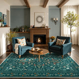 Covaba vintage floral area rug in deep green, styled in a room setting, view 4