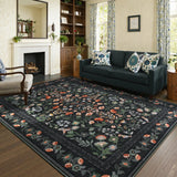 Covaba vintage floral area rug in ink black, styled in a room setting, view 10