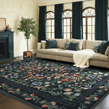 Covaba vintage floral area rug in ink black, styled in a room setting, view 14