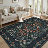 Covaba vintage floral area rug in ink black, styled in a room setting, view 16
