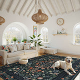 Covaba vintage floral area rug in ink black, styled in a room setting, view 17