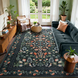 Covaba vintage floral area rug in ink black, styled in a room setting, view 18
