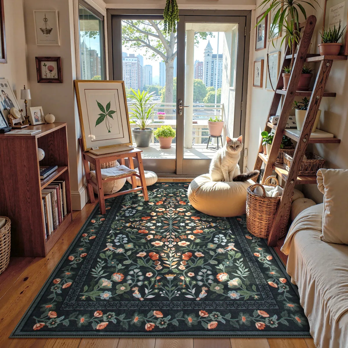Covaba vintage floral area rug in ink black, styled in a room setting