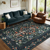 Covaba vintage floral area rug in ink black, styled in a room setting, view 21