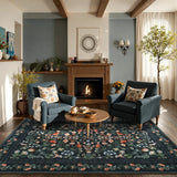 Covaba vintage floral area rug in ink black, styled in a room setting, view 2