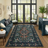 Covaba vintage floral area rug in ink black, styled in a room setting, view 3