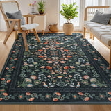 Covaba vintage floral area rug in ink black, styled in a room setting, view 5